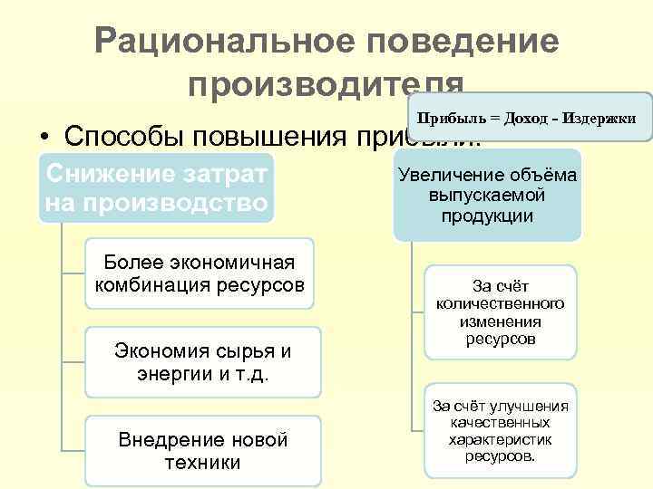 Издержки прибыль какая сфера общества. Рациональное поведение производителя. Рациональное поведение потребителя и производителя. Рациональное экономическое поведение производителя. Правила рационального поведения производителя.