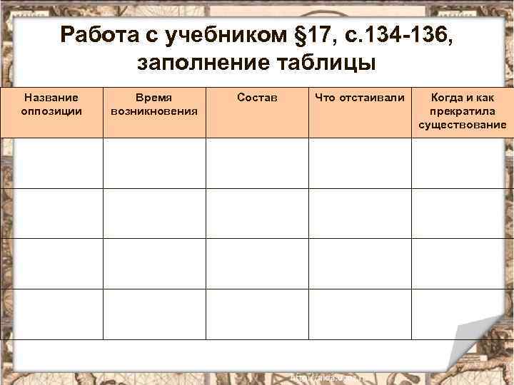 Работа с учебником § 17, с. 134 -136, заполнение таблицы Название оппозиции Время возникновения