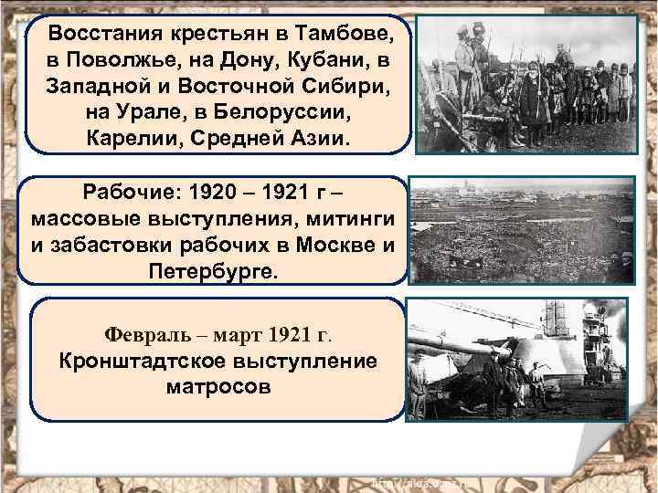 Восстания крестьян в Тамбове, в Поволжье, на Дону, Кубани, в Западной и Восточной Сибири,