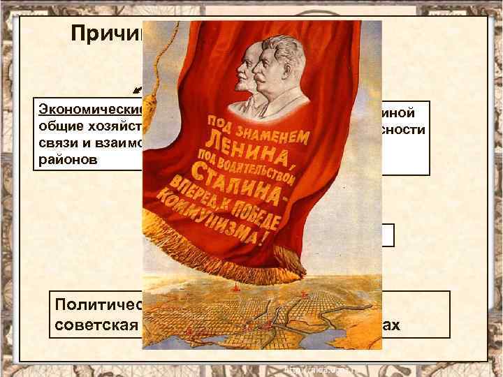 Причины образования СССР Экономические общие хозяйственные связи и взаимосвяь районов Стремление к единой внешней