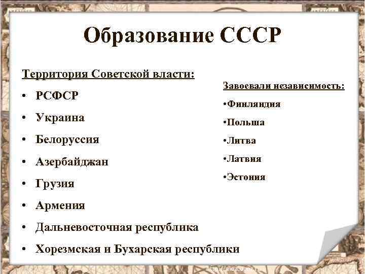 Образование СССР Территория Советской власти: • РСФСР Завоевали независимость: • Финляндия • Украина •
