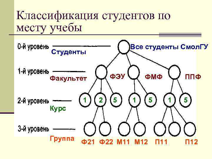 Классификация студентов по месту учебы Все студенты Смол. ГУ Студенты ФЭУ Факультет 1 2