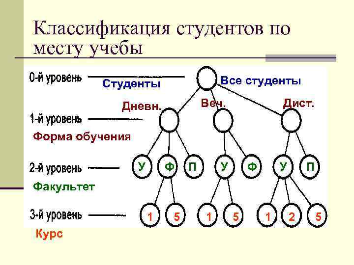 Классификация студентов по месту учебы Все студенты Студенты Веч. Дневн. Дист. Форма обучения У