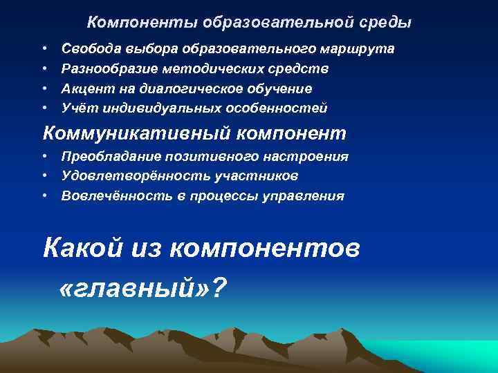 Компоненты образовательной среды • • Свобода выбора образовательного маршрута Разнообразие методических средств Акцент на