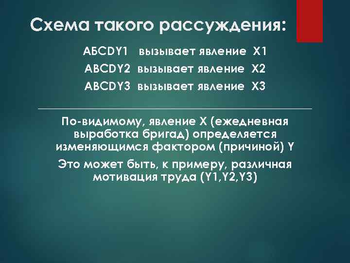 Схема такого рассуждения: АБСDY 1 вызывает явление Х 1 АВСDY 2 вызывает явление Х