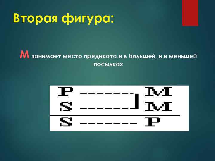 Вторая фигура: М занимает место предиката и в большей, и в меньшей посылках 