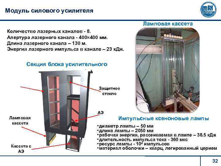 Модуль силового усилителя Ламповая кассета Количество лазерных каналов - 8. Апертура лазерного канала -