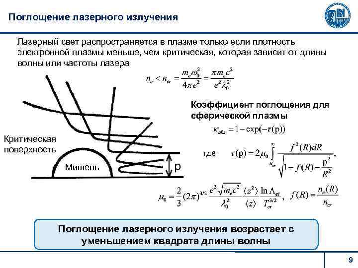 Поглощение лазерного излучения Лазерный свет распространяется в плазме только если плотность электронной плазмы меньше,