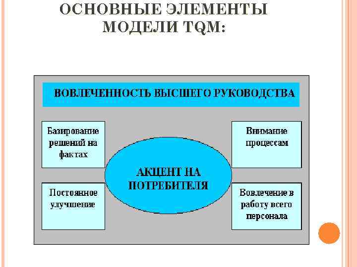 ОСНОВНЫЕ ЭЛЕМЕНТЫ МОДЕЛИ TQM: 