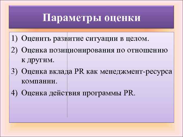 Параметры оценки 1) Оценить развитие ситуации в целом. 2) Оценка позиционирования по отношению к