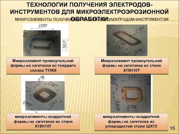 ТЕХНОЛОГИИ ПОЛУЧЕНИЯ ЭЛЕКТРОДОВИНСТРУМЕНТОВ ДЛЯ МИКРОЭЛЕКТРОЭРОЗИОННОЙ МИКРОЭЛЕМЕНТЫ ПОЛУЧЕННЫЕ ФАСОННЫМ ЭЛЕКТРОДОМ-ИНСТРУМЕНТОМ ОБРАБОТКИ Микроэлемент прямоугольной формы на