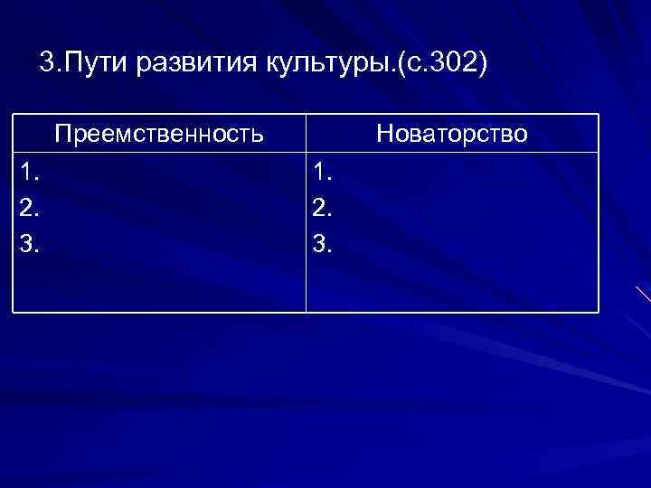 3. Пути развития культуры. (с. 302) Преемственность 1. 2. 3. Новаторство 1. 2. 3.