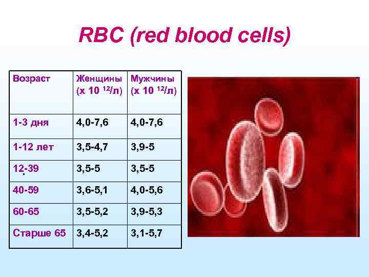 RBC (red blood cells) Возраст Женщины Мужчины (х 10 12/л) 1 -3 дня 4,