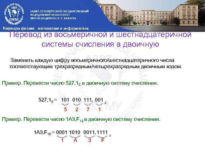 Перевод из восьмеричной и шестнадцатеричной системы счисления в двоичную Заменить каждую цифру восьмеричного/шестнадцатеричного числа