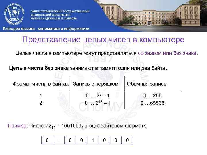 Представление целых чисел в компьютере Целые числа в компьютере могут представляться со знаком или