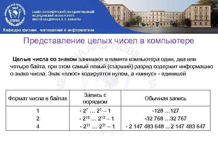 Представление целых чисел в компьютере Целые числа со знаком занимают в памяти компьютера один,
