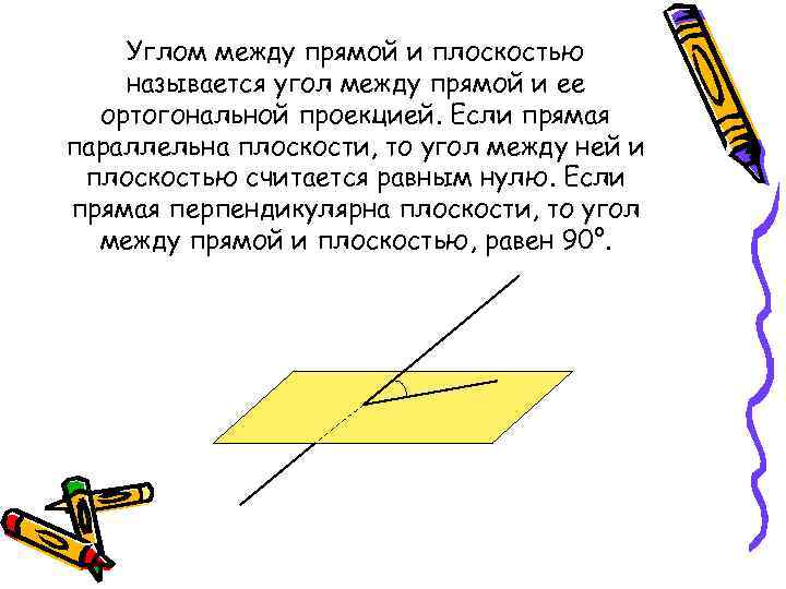 Углом между прямой и плоскостью называется угол между прямой и ее ортогональной проекцией. Если