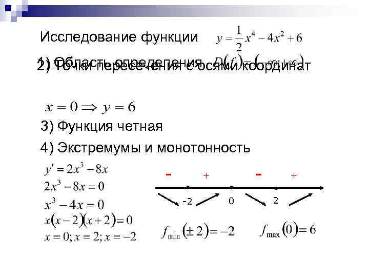 Исследование функции 1) Область определения 2) Точки пересечения с осями координат 3) Функция четная