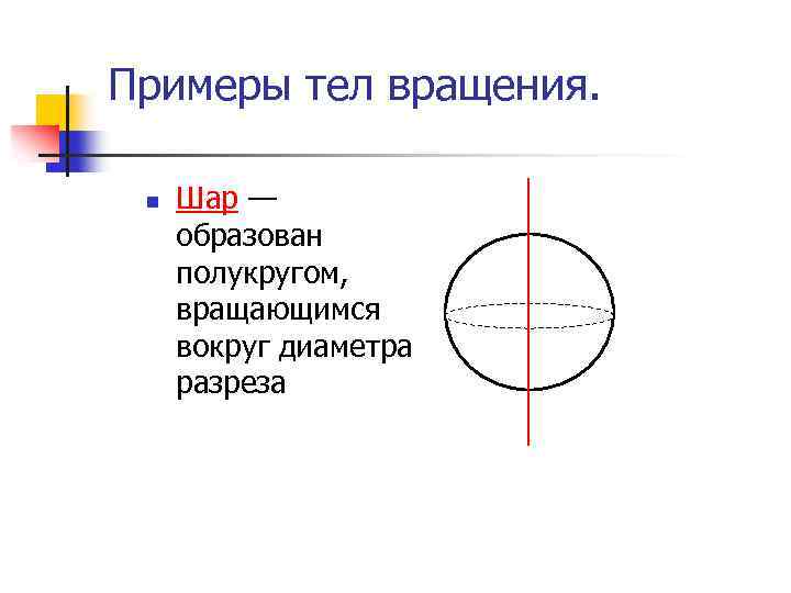 Примеры тел вращения. n Шар — образован полукругом, вращающимся вокруг диаметра разреза 
