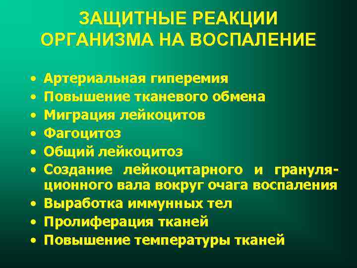 ЗАЩИТНЫЕ РЕАКЦИИ ОРГАНИЗМА НА ВОСПАЛЕНИЕ • • • Артериальная гиперемия Повышение тканевого обмена Миграция
