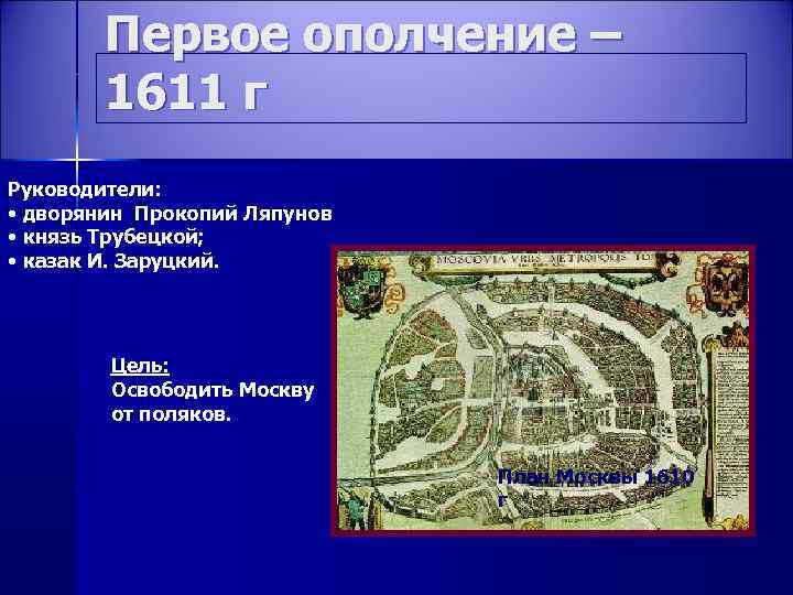 Первое ополчение – 1611 г Руководители: • дворянин Прокопий Ляпунов • князь Трубецкой; •