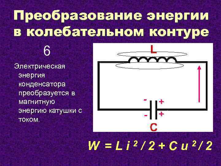Преобразование энергии в колебательном контуре 6 Электрическая энергия конденсатора преобразуется в магнитную энергию катушки