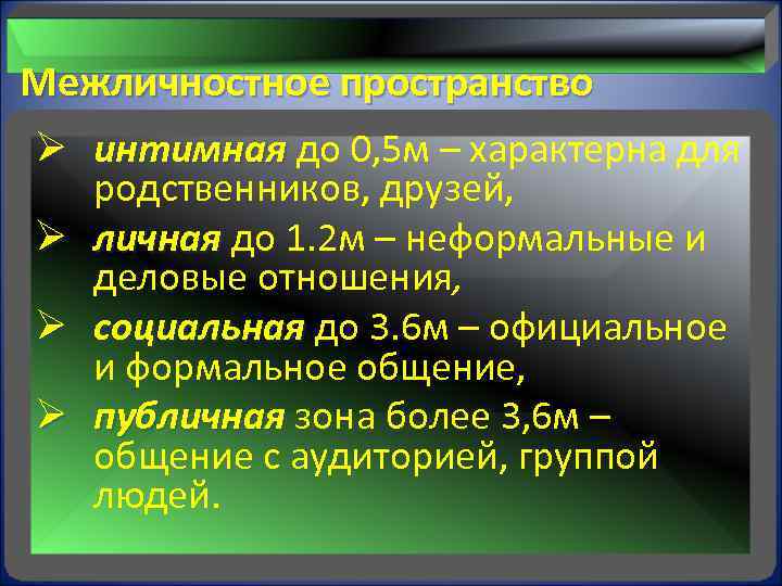  Межличностное пространство Ø интимная до 0, 5 м – характерна для интимная Ø