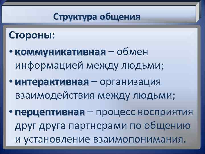 Структура общения Стороны: • коммуникативная – обмен коммуникативная информацией между людьми; • интерактивная –