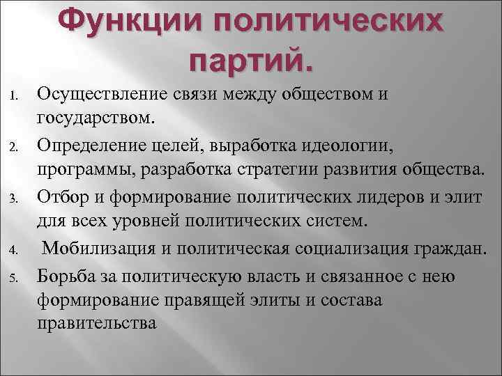 Функции политических партий. 1. 2. 3. 4. 5. Осуществление связи между обществом и государством.