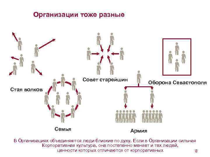 Организации тоже разные Совет старейшин Оборона Севастополя Стая волков Семья Армия В Организациях объединяются