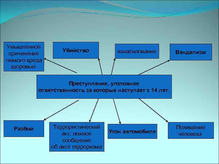 Умышленное причинение тяжкого вреда здоровью Убийство изнасилование Вандализм Преступления, уголовная ответственность за которые наступает