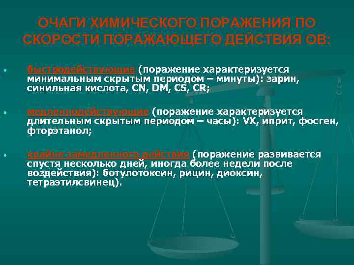 ОЧАГИ ХИМИЧЕСКОГО ПОРАЖЕНИЯ ПО СКОРОСТИ ПОРАЖАЮЩЕГО ДЕЙСТВИЯ ОВ: • быстродействующие (поражение характеризуется минимальным скрытым