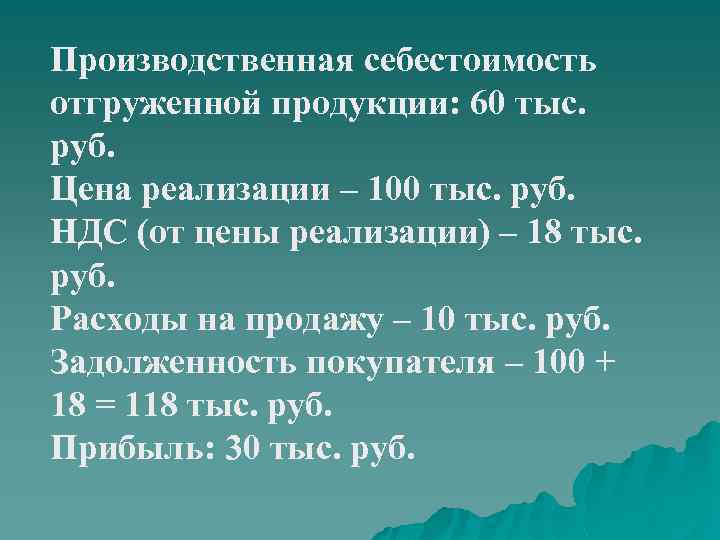 Производственная себестоимость отгруженной продукции: 60 тыс. руб. Цена реализации – 100 тыс. руб. НДС