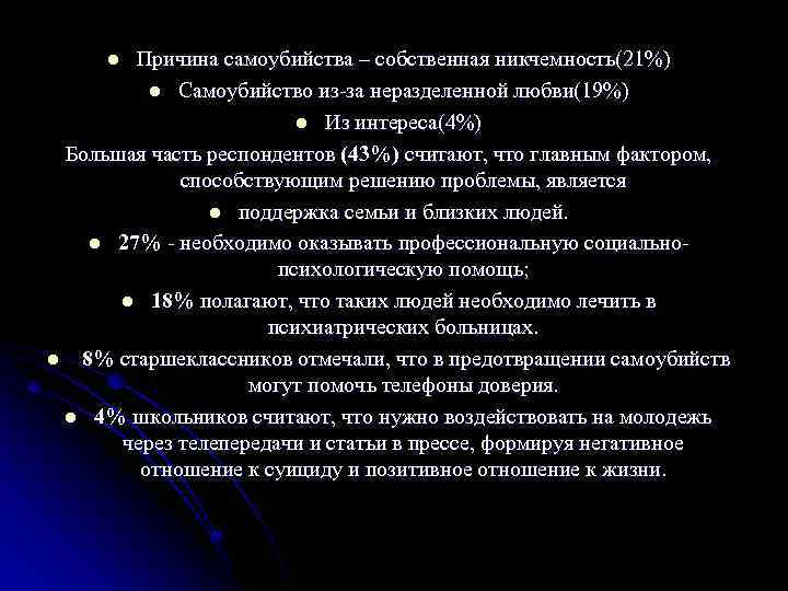 Причина самоубийства – собственная никчемность(21%) l Самоубийство из за неразделенной любви(19%) l Из интереса(4%)
