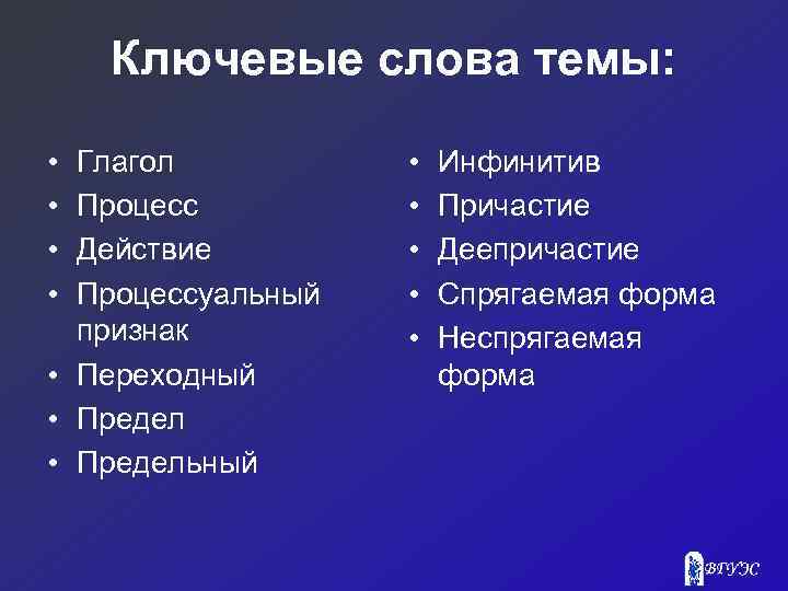 Ключевые слова темы: • • Глагол Процесс Действие Процессуальный признак • Переходный • Предельный