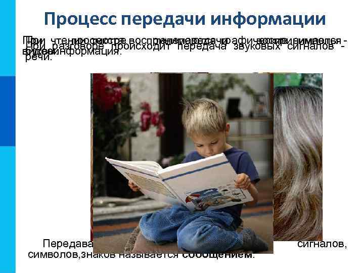 Процесс передачи информации При чтении текста воспринимаются графические символы При просмотре телепередачи воспринимается При