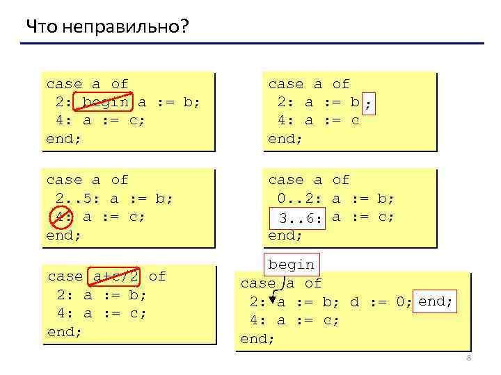 Что неправильно? case a of 2: begin a : = b; 4: a :