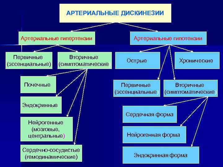 АРТЕРИАЛЬНЫЕ ДИСКИНЕЗИИ Артериальные гипертензии Первичные (эссенциальные) Вторичные (симптоматические) Почечные Артериальные гипотензии Острые Первичные (эссенциальные)