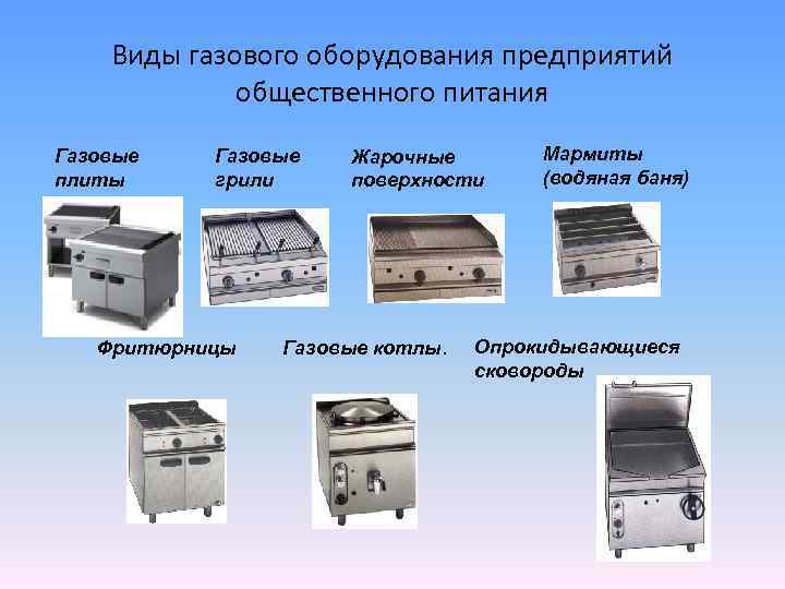 Виды газового оборудования предприятий общественного питания Газовые плиты Газовые грили Фритюрницы Жарочные поверхности Газовые