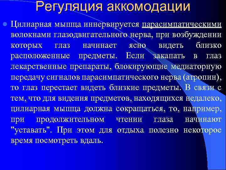 Регуляция аккомодации l Цилиарная мышца иннервируется парасимпатическими волокнами глазодвигательного нерва, при возбуждении которых глаз
