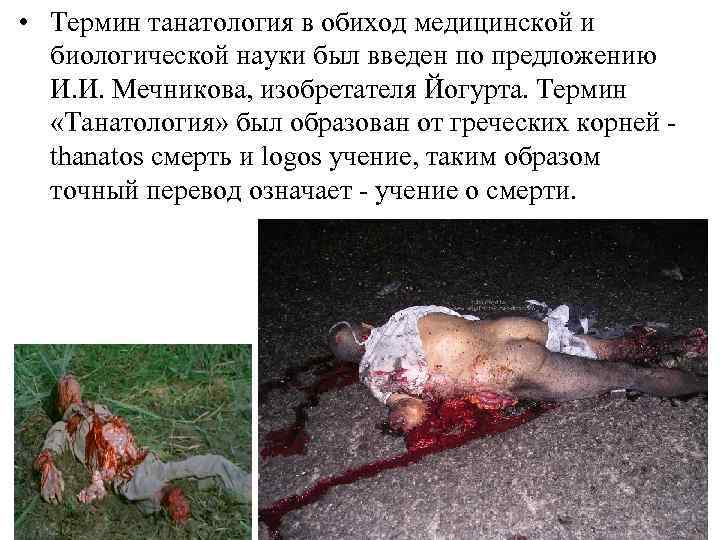  • Термин танатология в обиход медицинской и биологической науки был введен по предложению