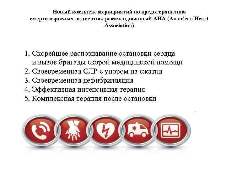 Новый комплекс мероприятий по предотвращению смерти взрослых пациентов, рекомендованный АНА (American Heart Association) 1.