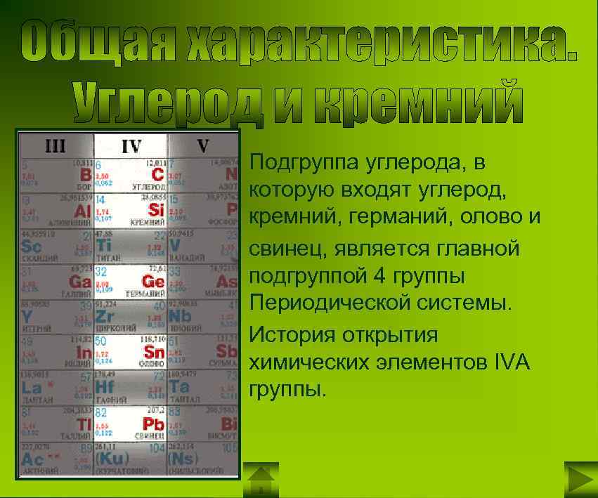 Подгруппа углерода, в которую входят углерод, кремний, германий, олово и свинец, является главной подгруппой