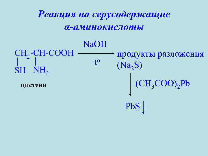 Реакция на серусодержащие α-аминокислоты Na. OH to цистеин продукты разложения (Na 2 S) (CH