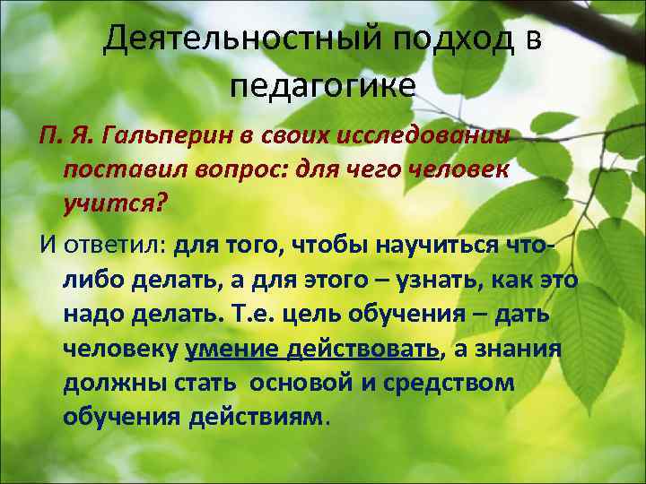 Деятельностный подход в педагогике П. Я. Гальперин в своих исследовании поставил вопрос: для чего