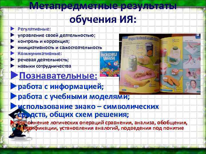  Метапредметные результаты обучения ИЯ: Регулятивные: управление своей деятельностью; контроль и коррекция; инициативность и