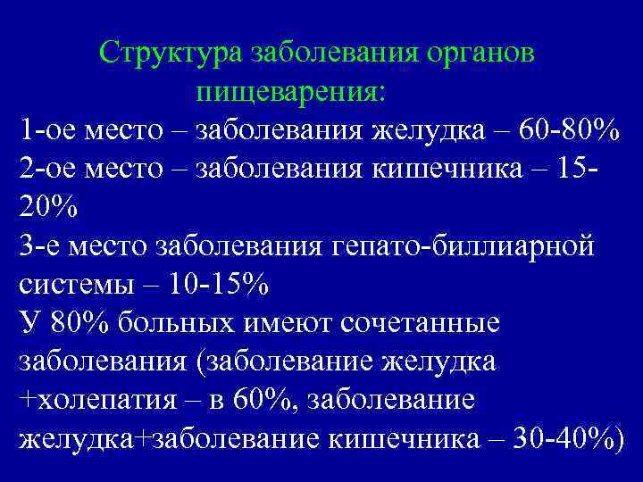 Структура заболевания органов пищеварения: 1 -ое место – заболевания желудка – 60 -80% 2