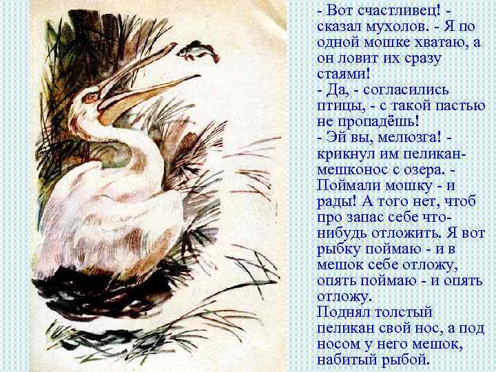 - Вот счастливец! сказал мухолов. - Я по одной мошке хватаю, а он ловит