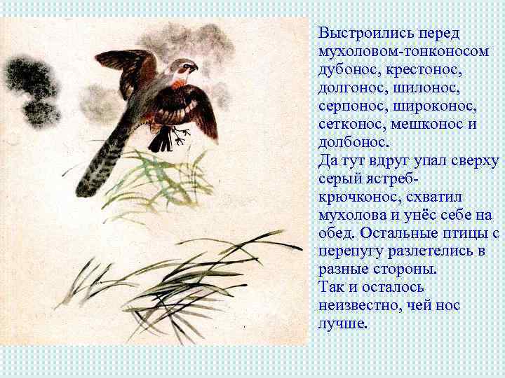 Выстроились перед мухоловом-тонконосом дубонос, крестонос, долгонос, шилонос, серпонос, широконос, сетконос, мешконос и долбонос. Да