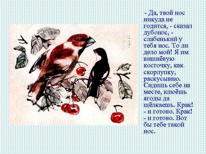 - Да, твой нос никуда не годится, - сказал дубонос, слабенький у тебя нос.